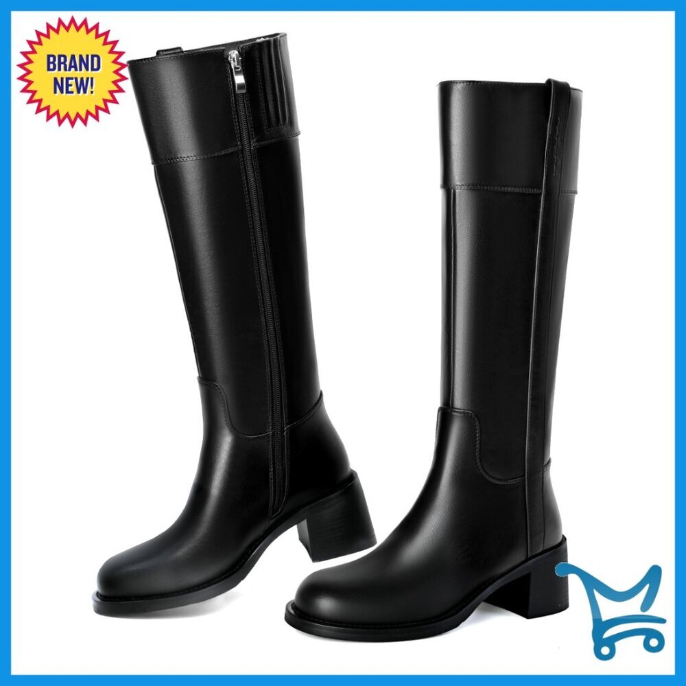 Knee High Boots Round Toe Chunky Heel Side Zipper Tall Gogo Boots